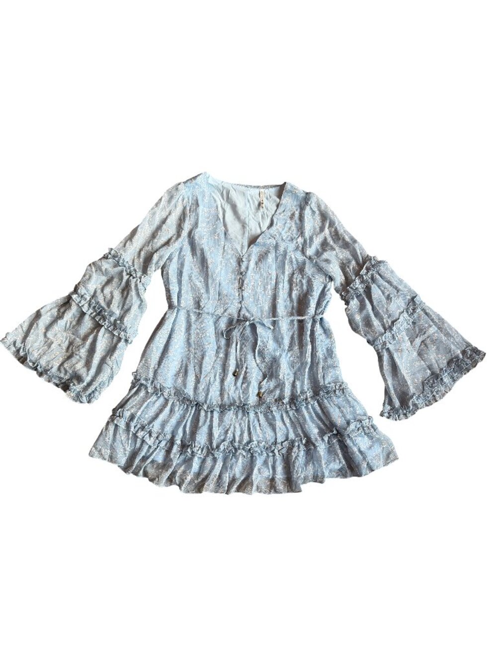 Indikah Blue White Floral Dress Tiered Flowy Boho Chic Bohemian Size Medium US